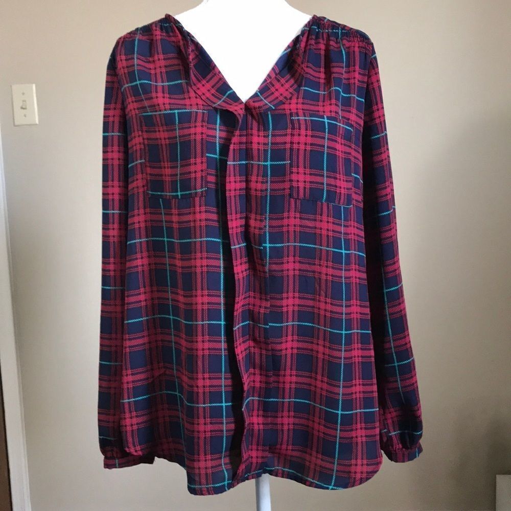 ‎Chiffon popover Plaid blouse
